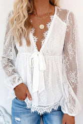 V-Neck Lace Embroidery Long-Sleeve Blouse with Bow Knot Sai Feel